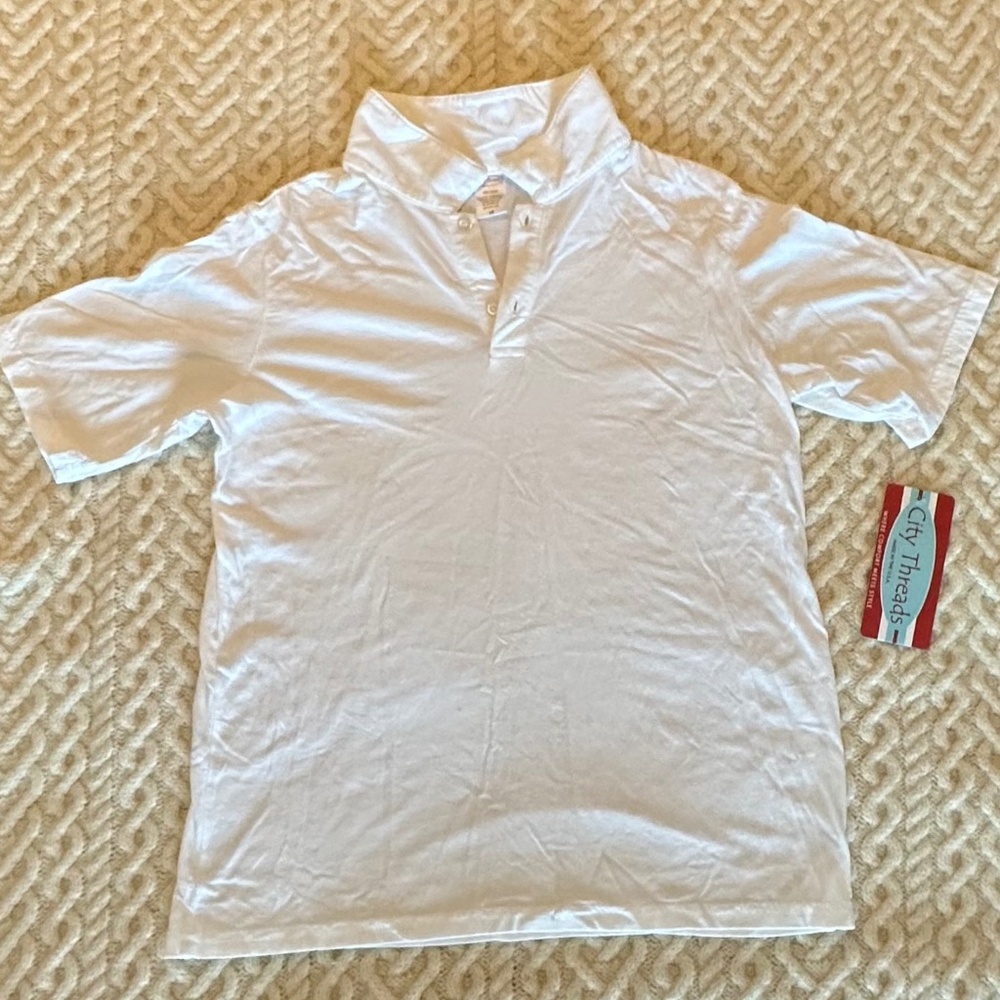 City Threads® boys 100% cotton jersey, white short-sleeve polo shirt, 16 NWT